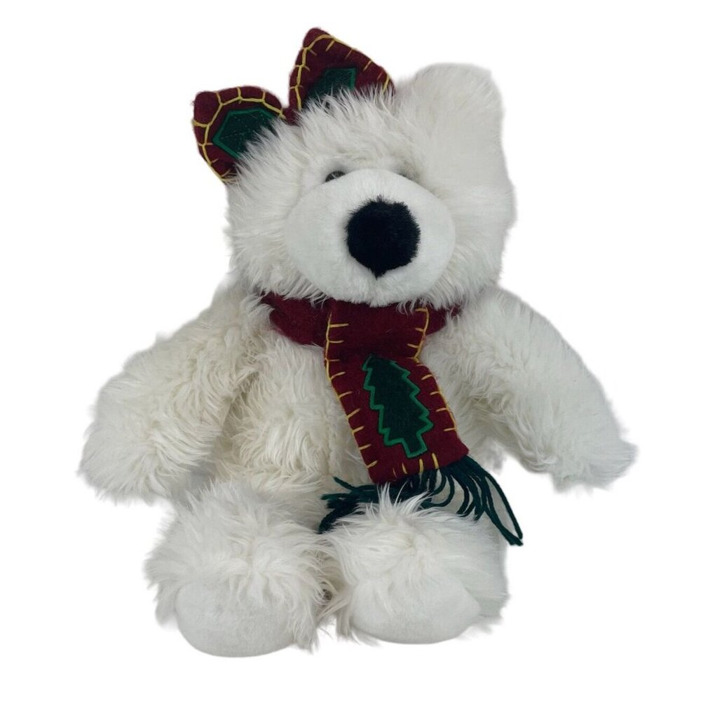 Main Joy Limited White Christmas Teddy bear 15” Plush Scarf & Bow Long Fuzzy Fur